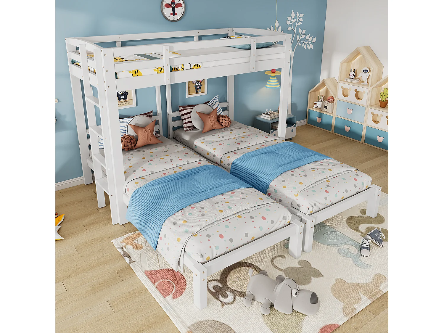 Triple bunk bed with slatted base - 90x190 cm - solid wood - white