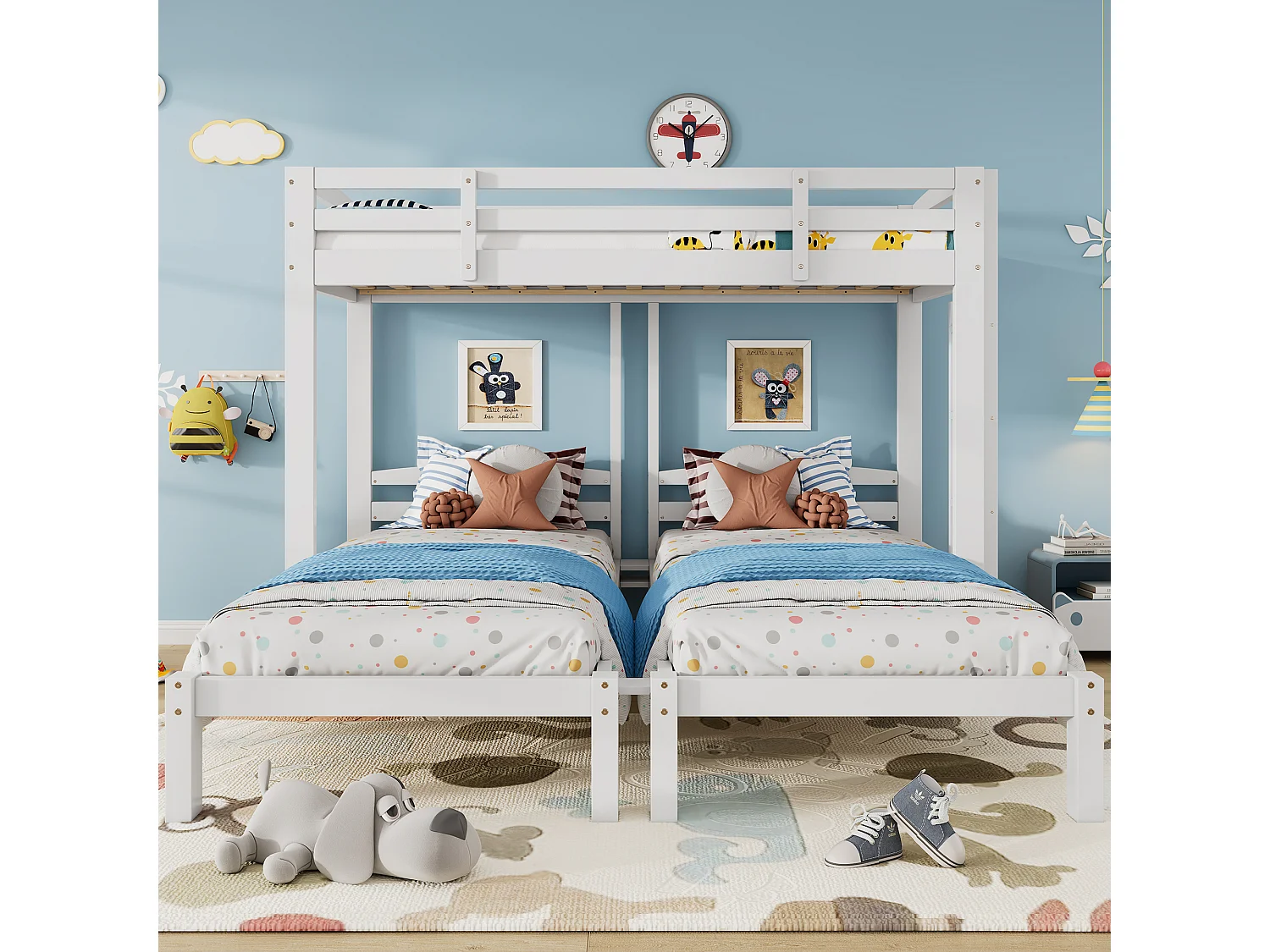 Triple bunk bed with slatted base - 90x190 cm - solid wood - white