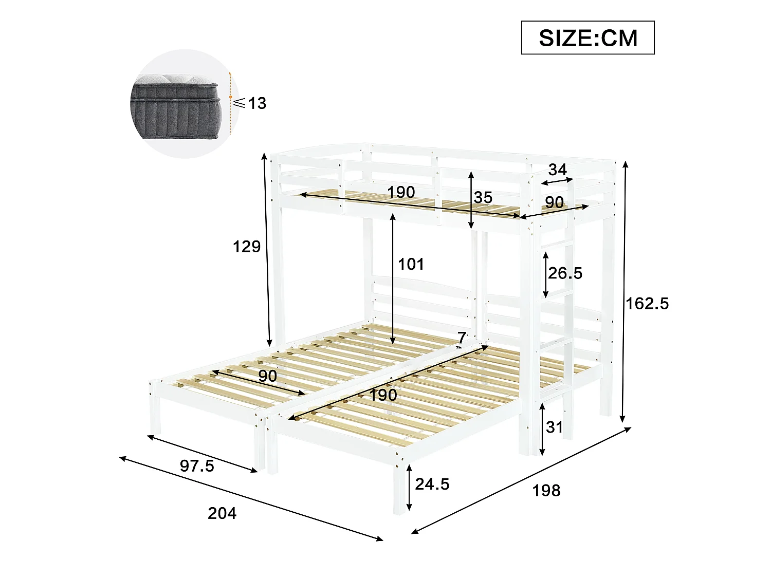 Triple bunk bed with slatted base - 90x190 cm - solid wood - white