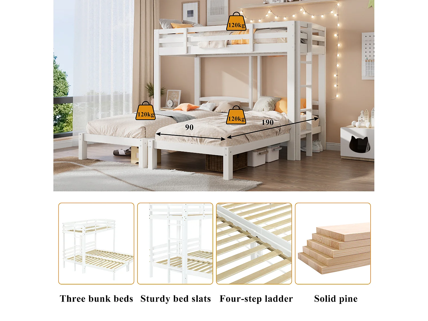 Triple bunk bed with slatted base - 90x190 cm - solid wood - white