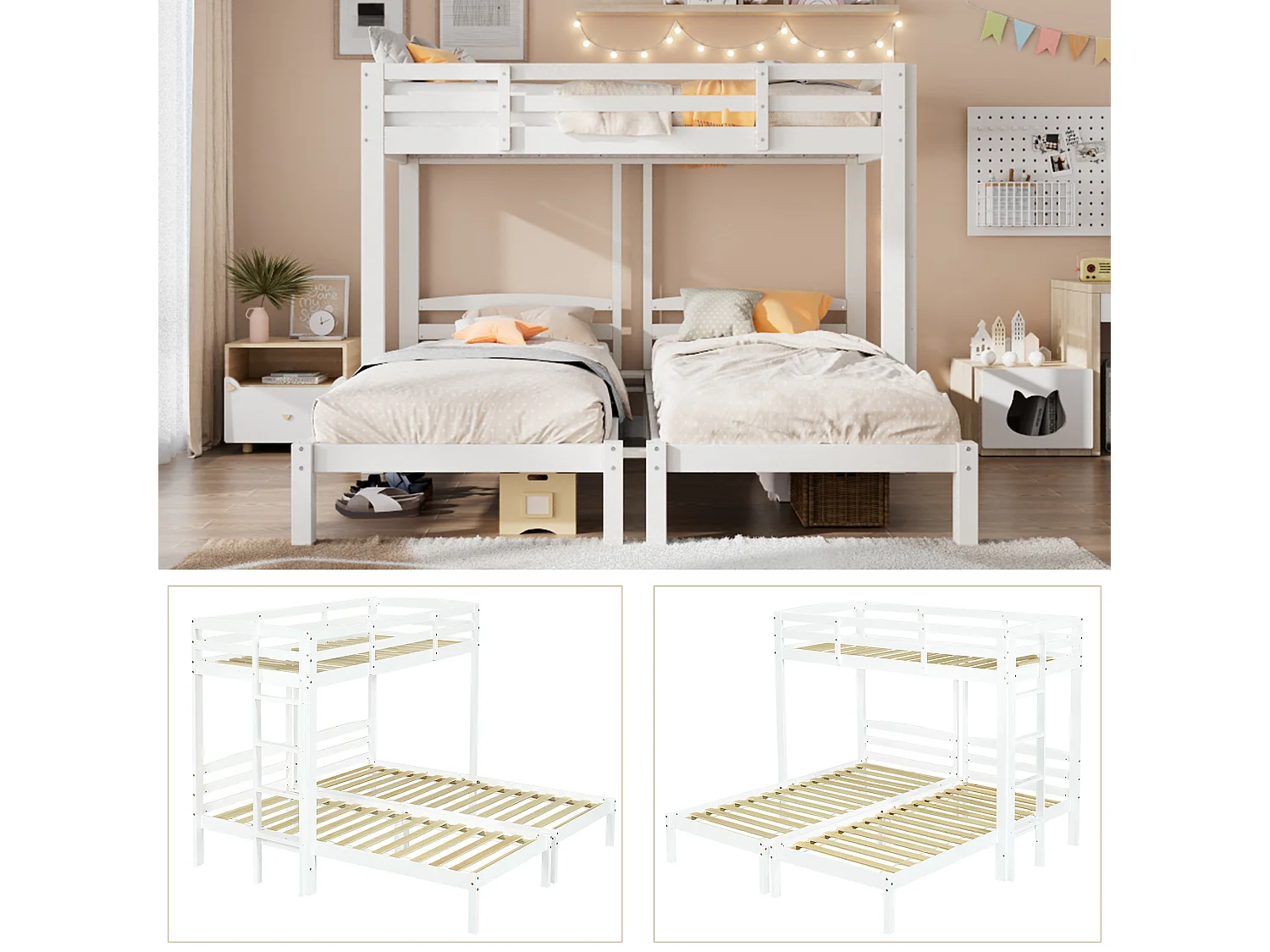 Triple bunk bed with slatted base - 90x190 cm - solid wood - white
