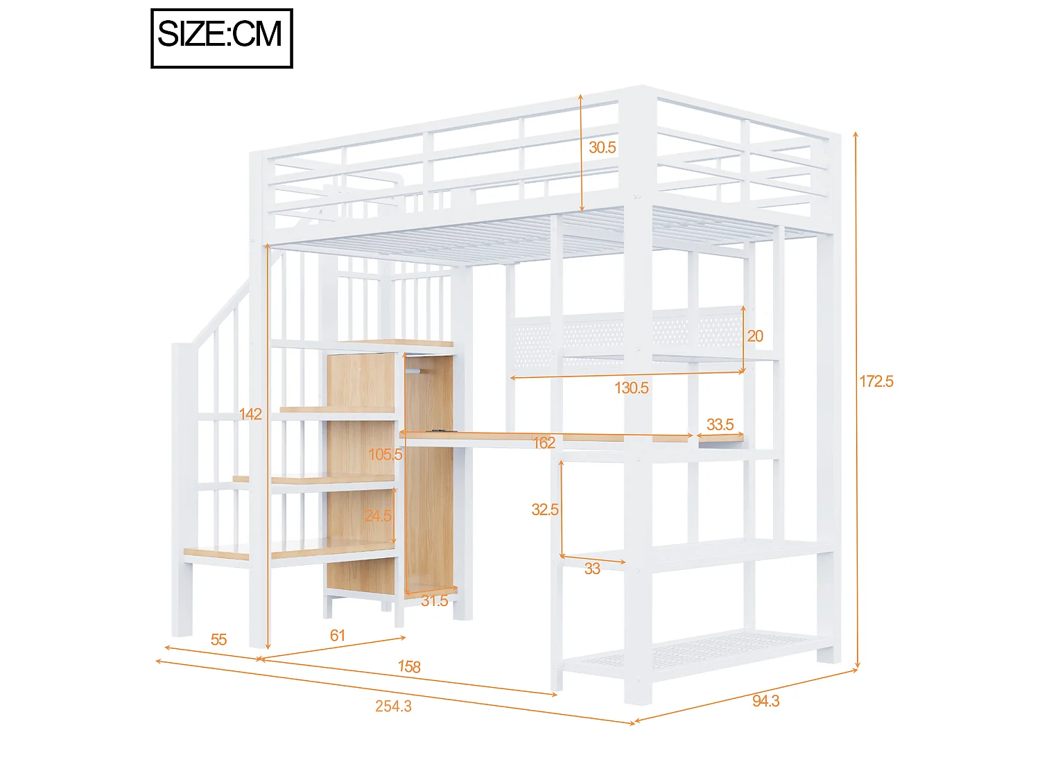 Lit mezzanine 90 x 200 cm - Avec bureau - Avec prise électrique - Avec éclairage LED - blanc (Matelas non inclus)