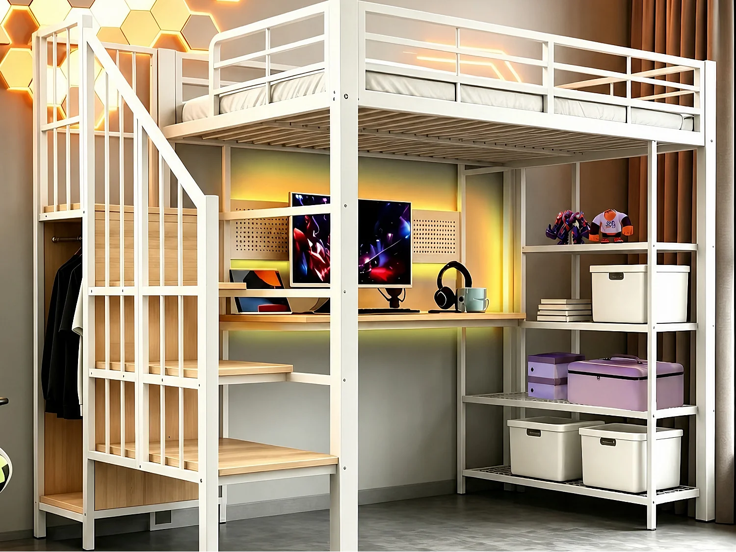 Lit mezzanine 90 x 200 cm - Avec bureau - Avec prise électrique - Avec éclairage LED - blanc (Matelas non inclus)