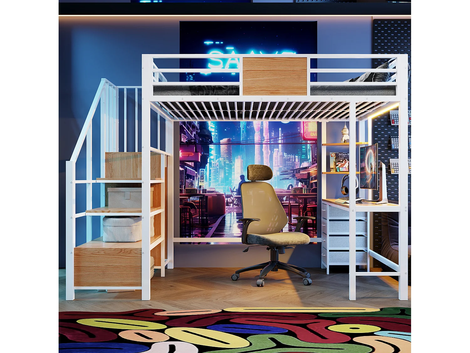 Lit mezzanine en métal 140x200 mm - avec bureau - compartiments de rangement - penderie - éclairage LED + prise électrique - blanc