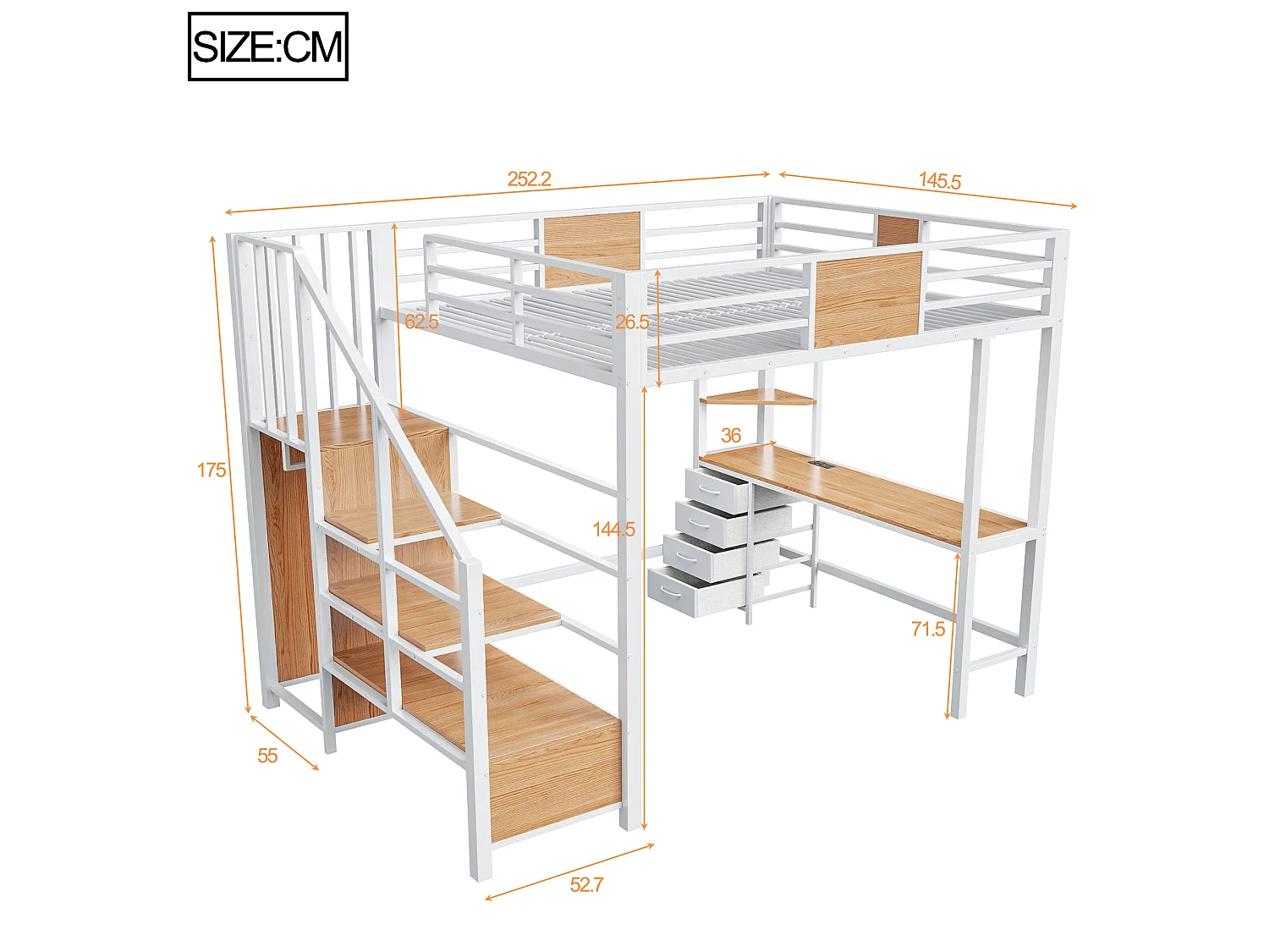 Lit mezzanine en métal 140x200 mm - avec bureau - compartiments de rangement - penderie - éclairage LED + prise électrique - blanc