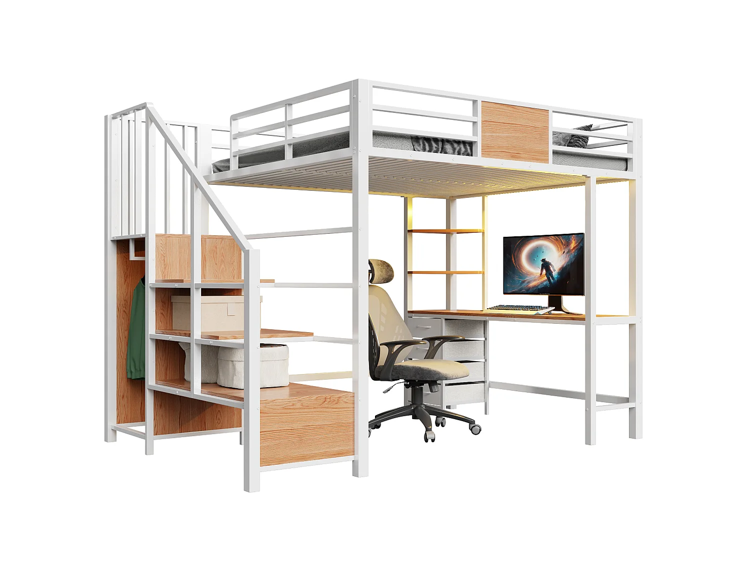 Lit mezzanine en métal 140x200 mm - avec bureau - compartiments de rangement - penderie - éclairage LED + prise électrique - blanc