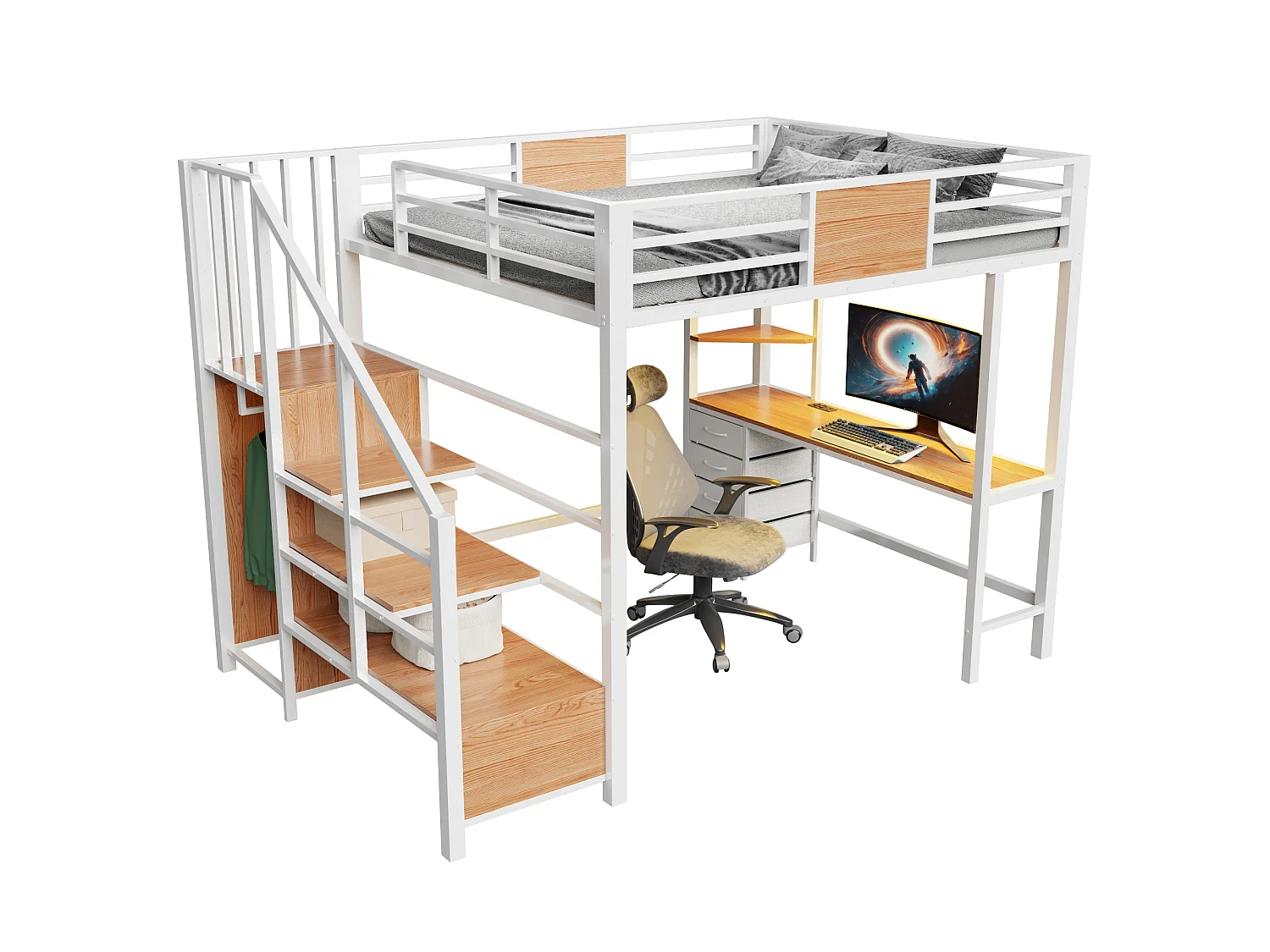 Lit mezzanine en métal 140x200 mm - avec bureau - compartiments de rangement - penderie - éclairage LED + prise électrique - blanc