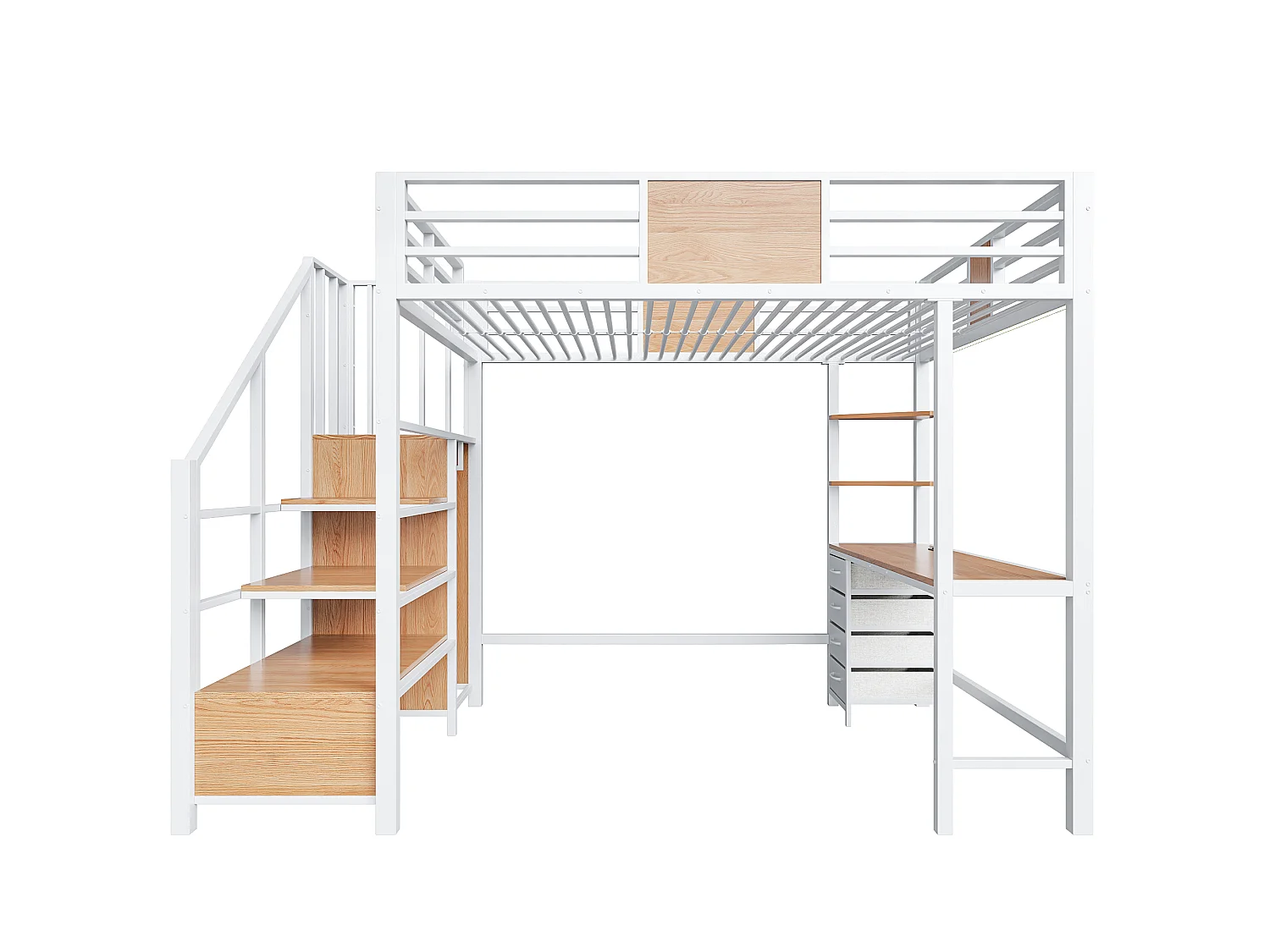 Lit mezzanine en métal 140x200 mm - avec bureau - compartiments de rangement - penderie - éclairage LED + prise électrique - blanc
