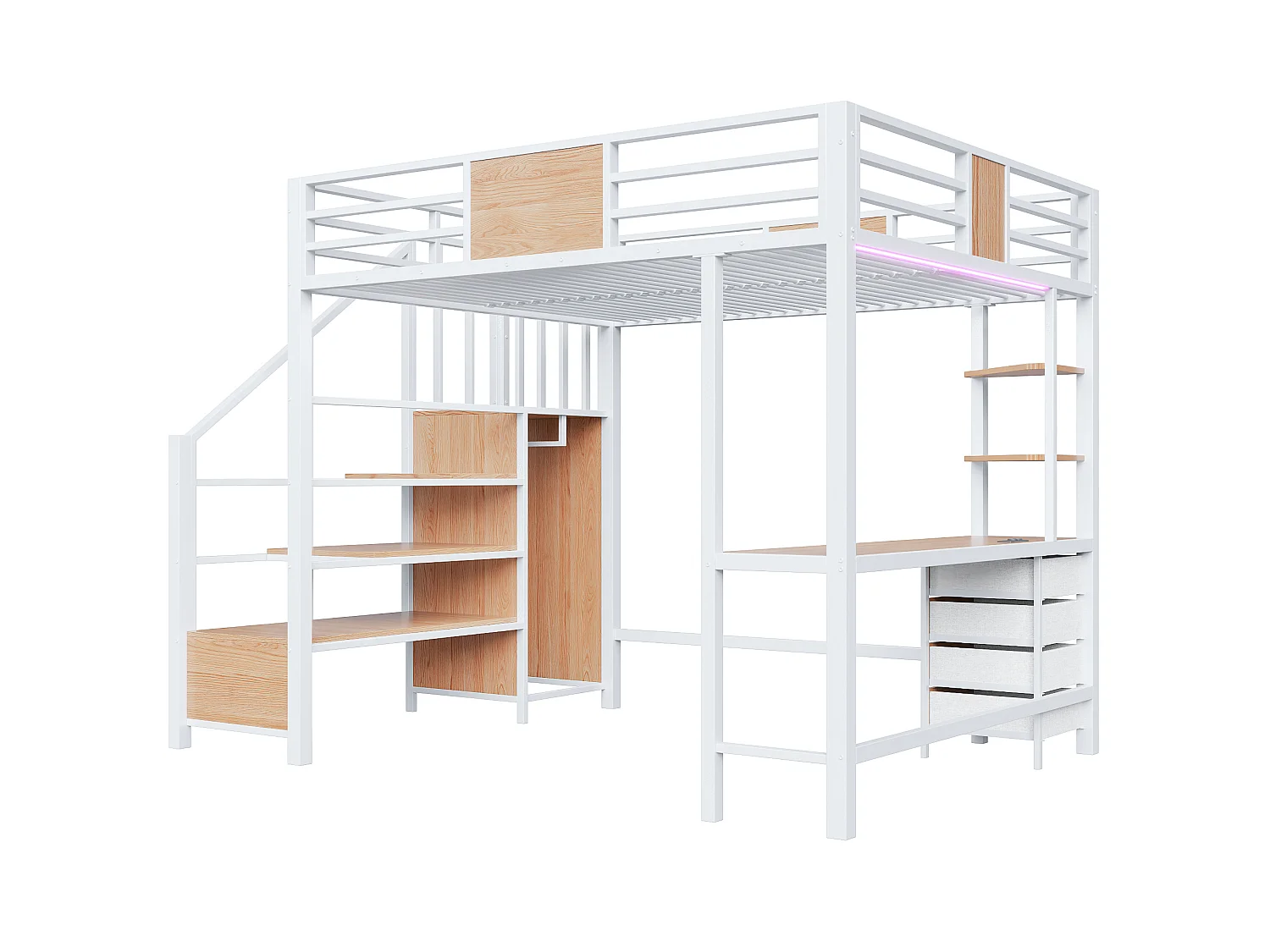 Lit mezzanine en métal 140x200 mm - avec bureau - compartiments de rangement - penderie - éclairage LED + prise électrique - blanc
