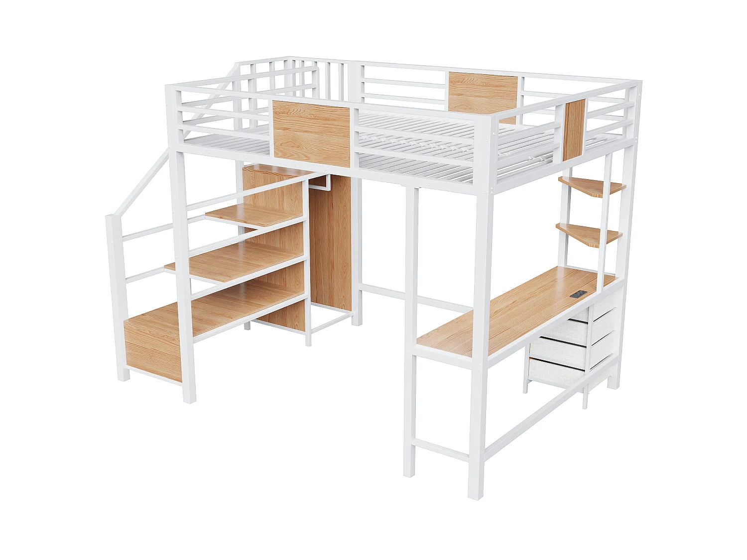 Lit mezzanine en métal 140x200 mm - avec bureau - compartiments de rangement - penderie - éclairage LED + prise électrique - blanc