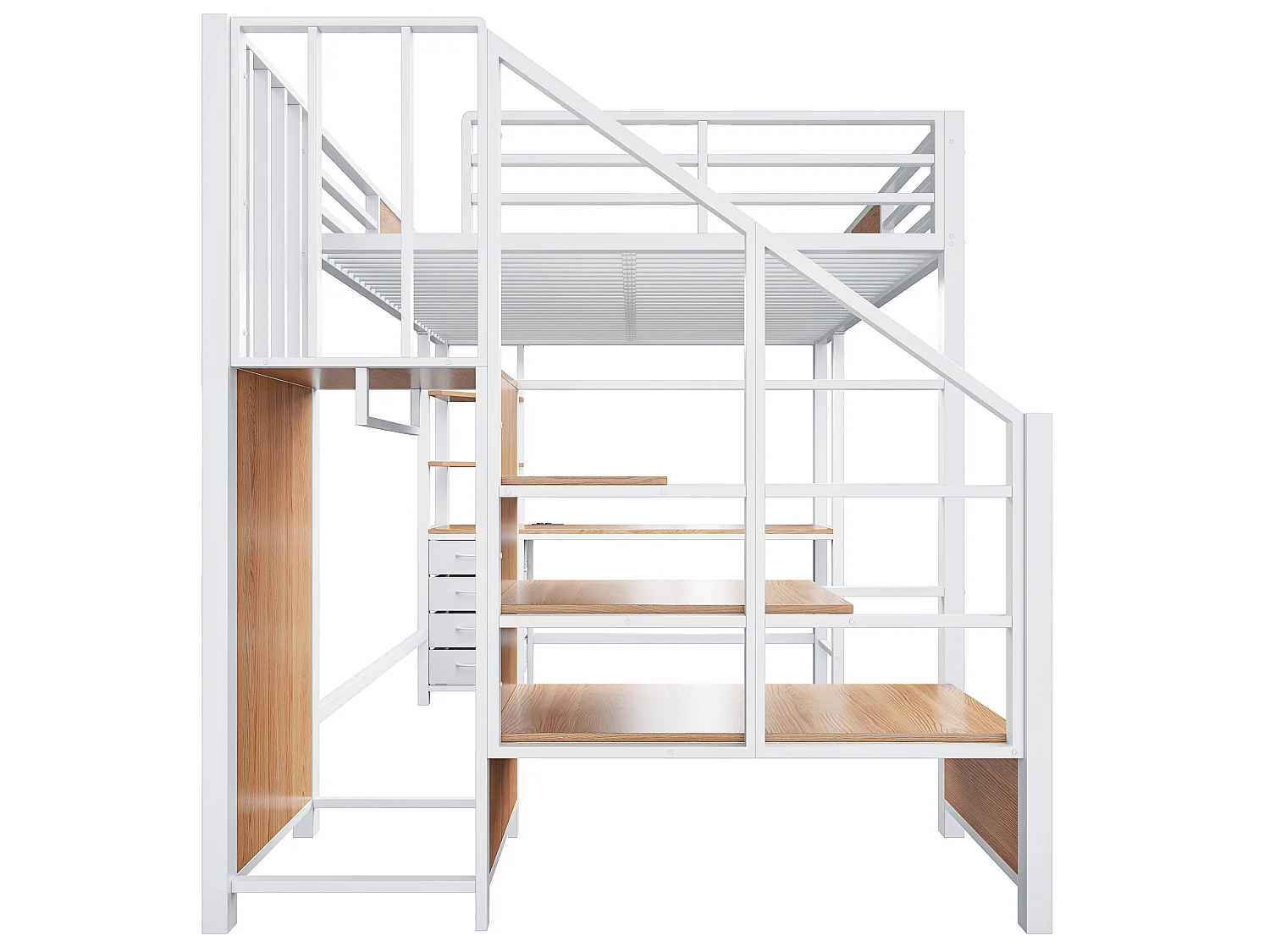 Lit mezzanine en métal 140x200 mm - avec bureau - compartiments de rangement - penderie - éclairage LED + prise électrique - blanc