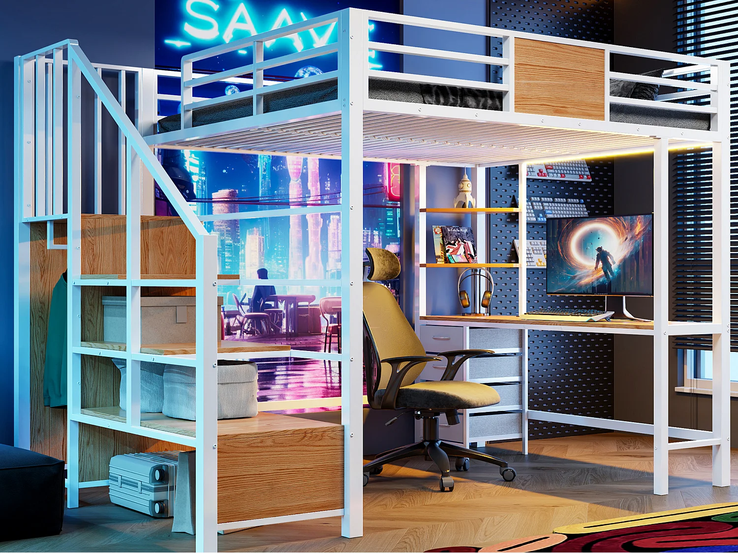 Lit mezzanine en métal 140x200 mm - avec bureau - compartiments de rangement - penderie - éclairage LED + prise électrique - blanc