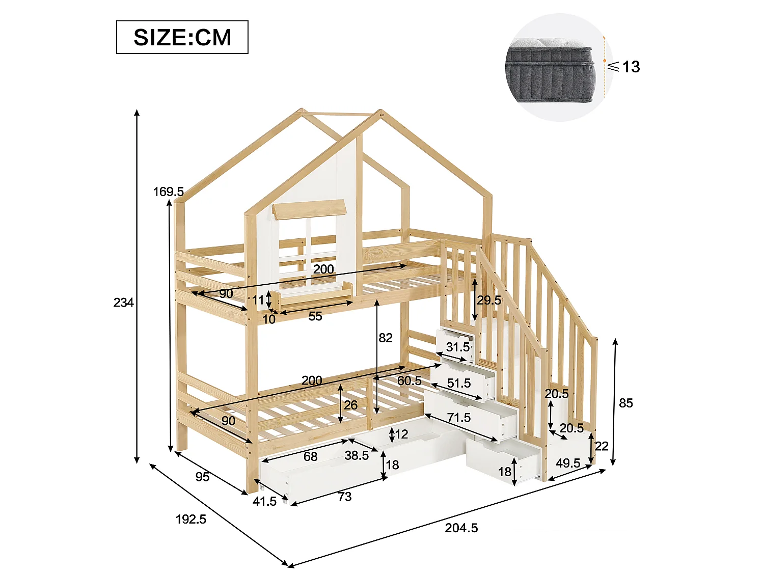 Lit superposé enfant 90x200 cm - avec escalier de rangement - avec fenêtre et tiroirs - Bois massif + MDF - blanc + Naturel (sans matelas)