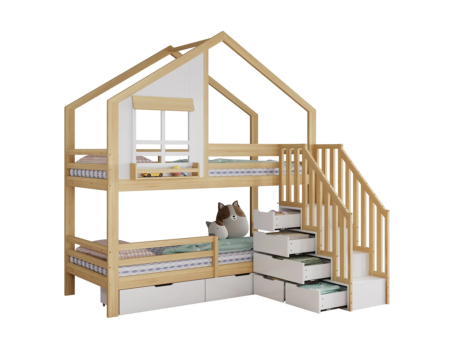 Lit superposé enfant 90x200 cm - avec escalier de rangement - avec fenêtre et tiroirs - Bois massif + MDF - blanc + Naturel (sans matelas)