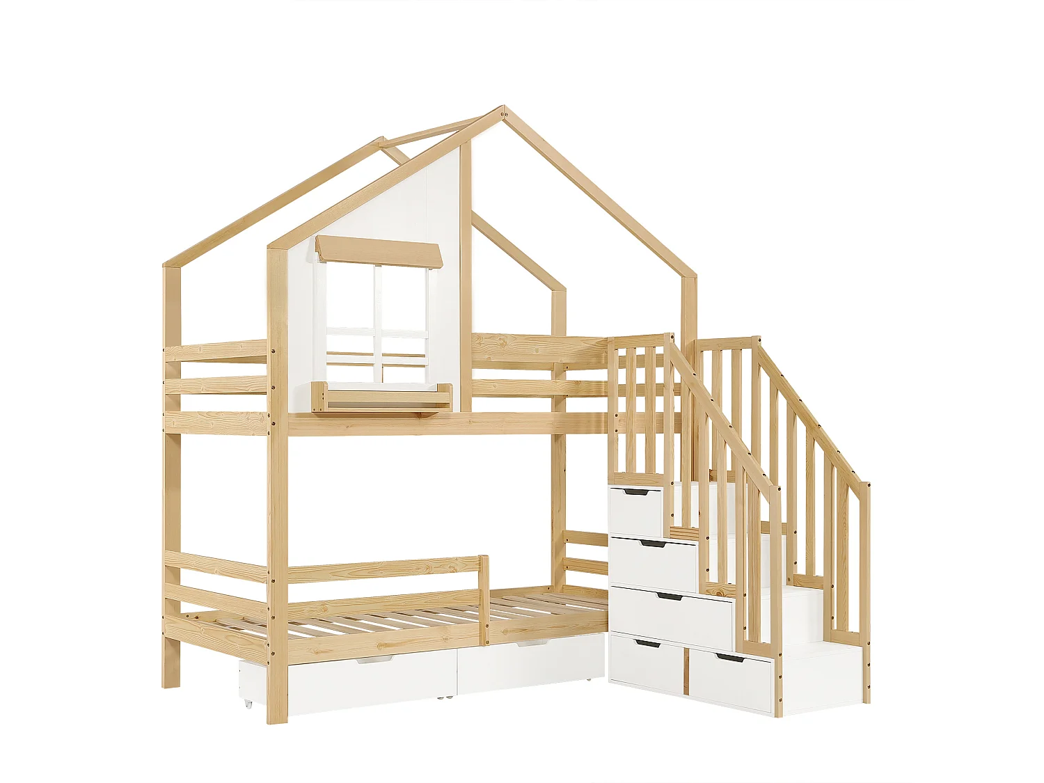 Lit superposé enfant 90x200 cm - avec escalier de rangement - avec fenêtre et tiroirs - Bois massif + MDF - blanc + Naturel (sans matelas)