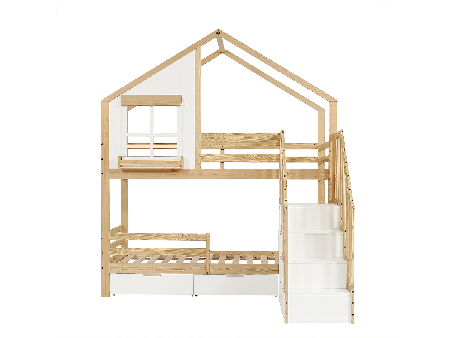 Lit superposé enfant 90x200 cm - avec escalier de rangement - avec fenêtre et tiroirs - Bois massif + MDF - blanc + Naturel (sans matelas)