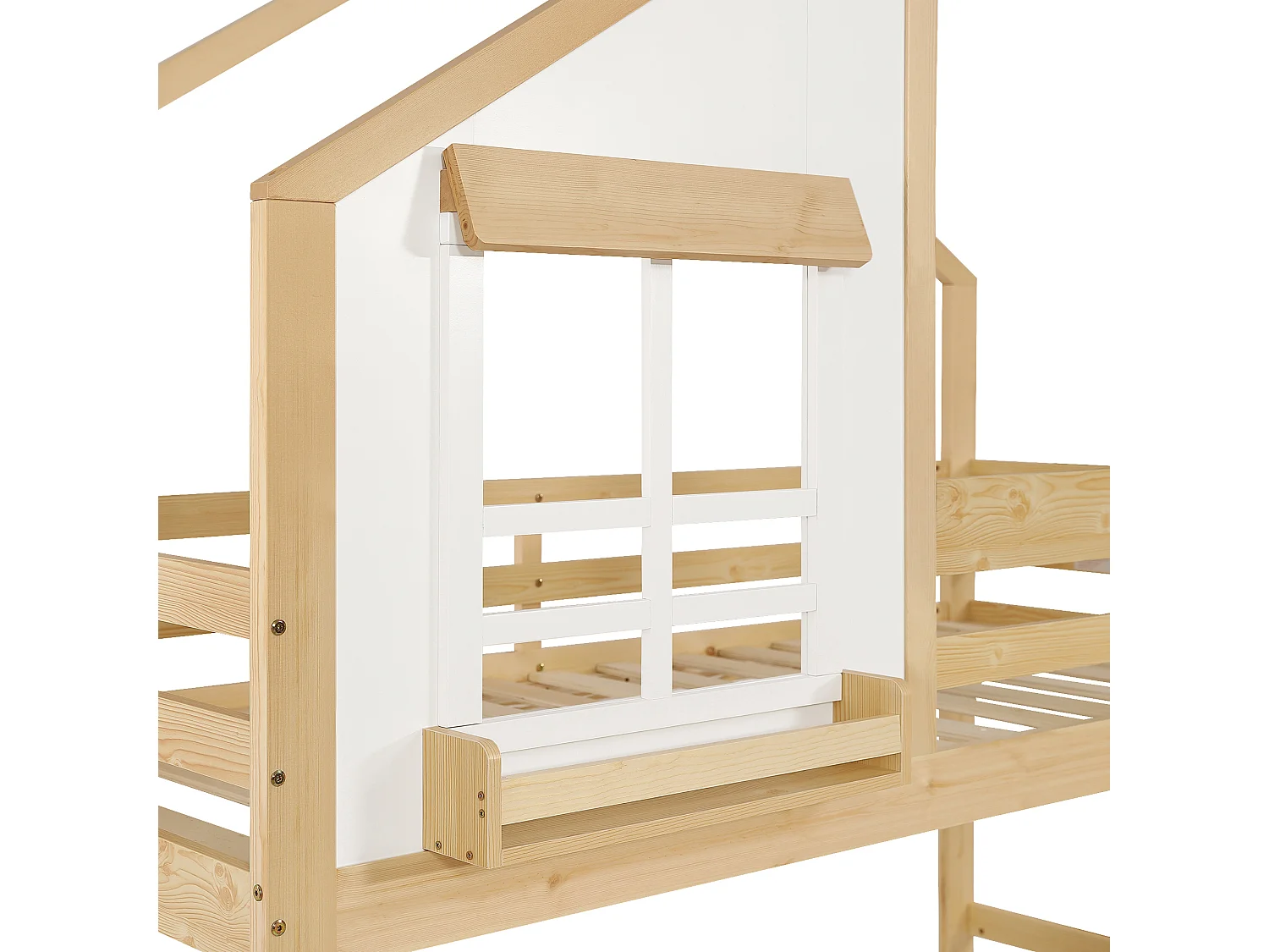 Lit superposé enfant 90x200 cm - avec escalier de rangement - avec fenêtre et tiroirs - Bois massif + MDF - blanc + Naturel (sans matelas)