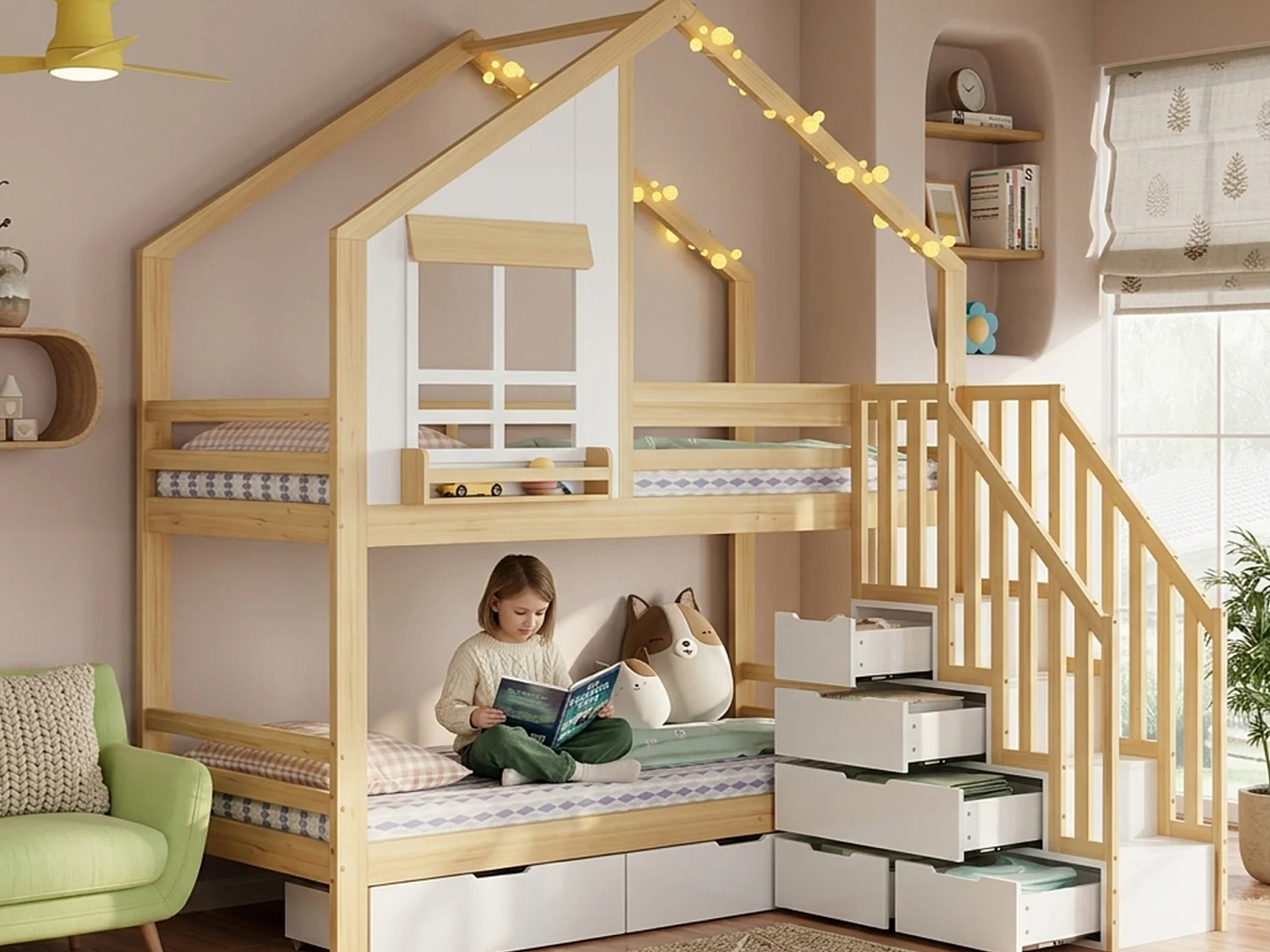 Lit superposé enfant 90x200 cm - avec escalier de rangement - avec fenêtre et tiroirs - Bois massif + MDF - blanc + Naturel (sans matelas)