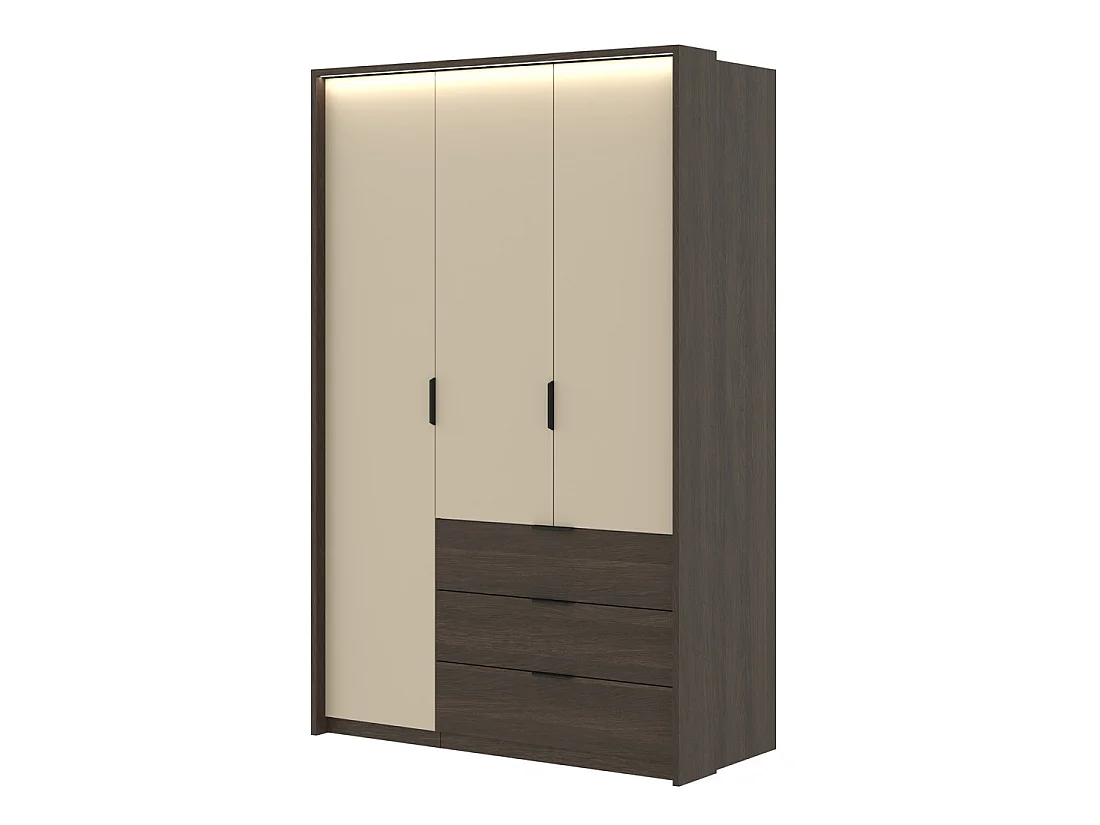 Kledingkast VALDORA met 3 deuren, LED-verlichting en 3 laden in donker eiken en beige, 139 cm