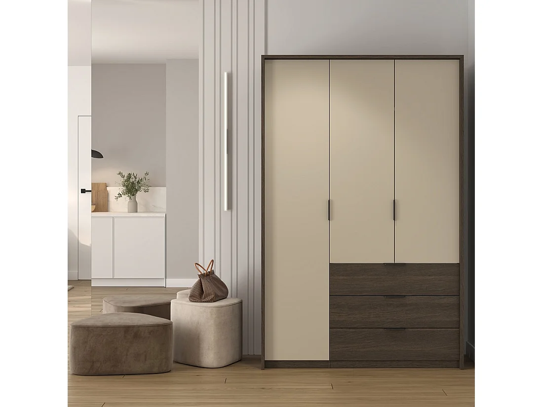 Kledingkast VALDORA met 3 deuren, LED-verlichting en 3 laden in donker eiken en beige, 139 cm