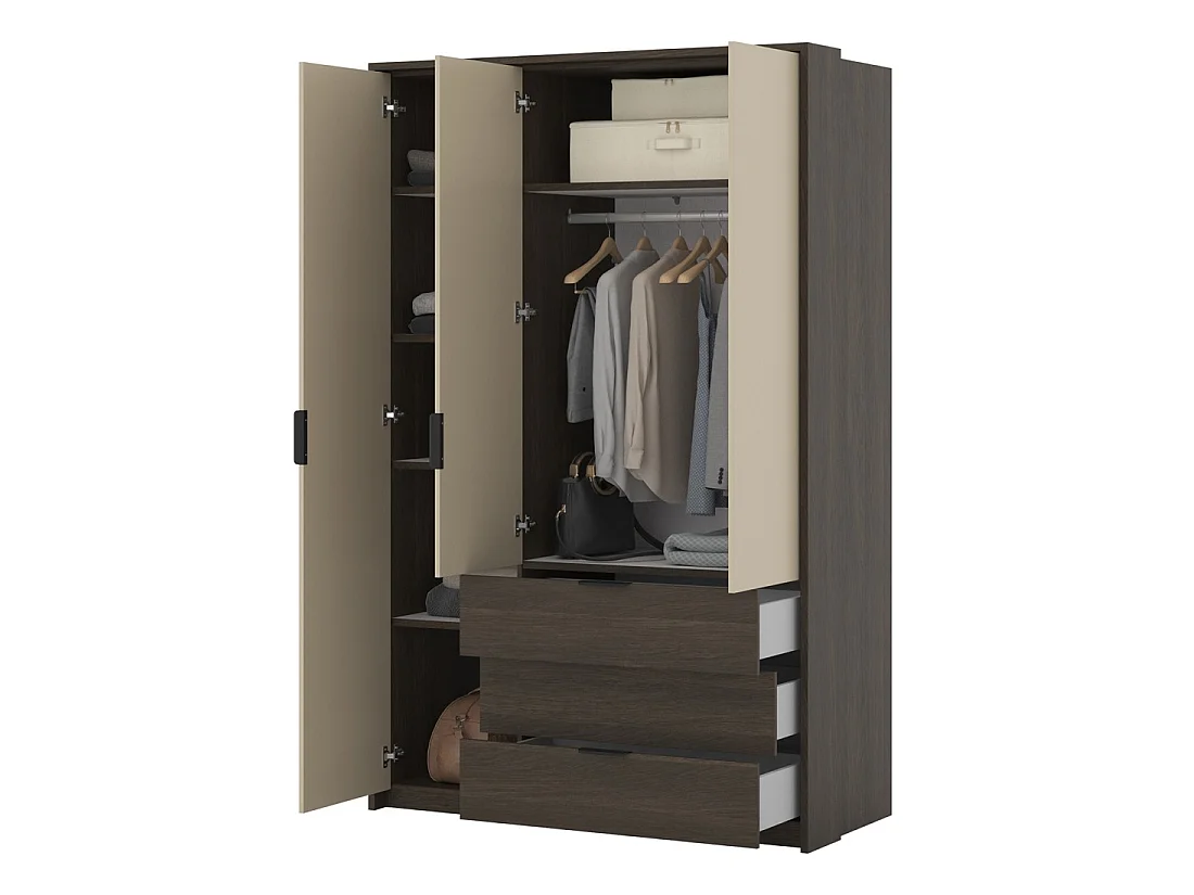 Kledingkast VALDORA met 3 deuren, LED-verlichting en 3 laden in donker eiken en beige, 139 cm