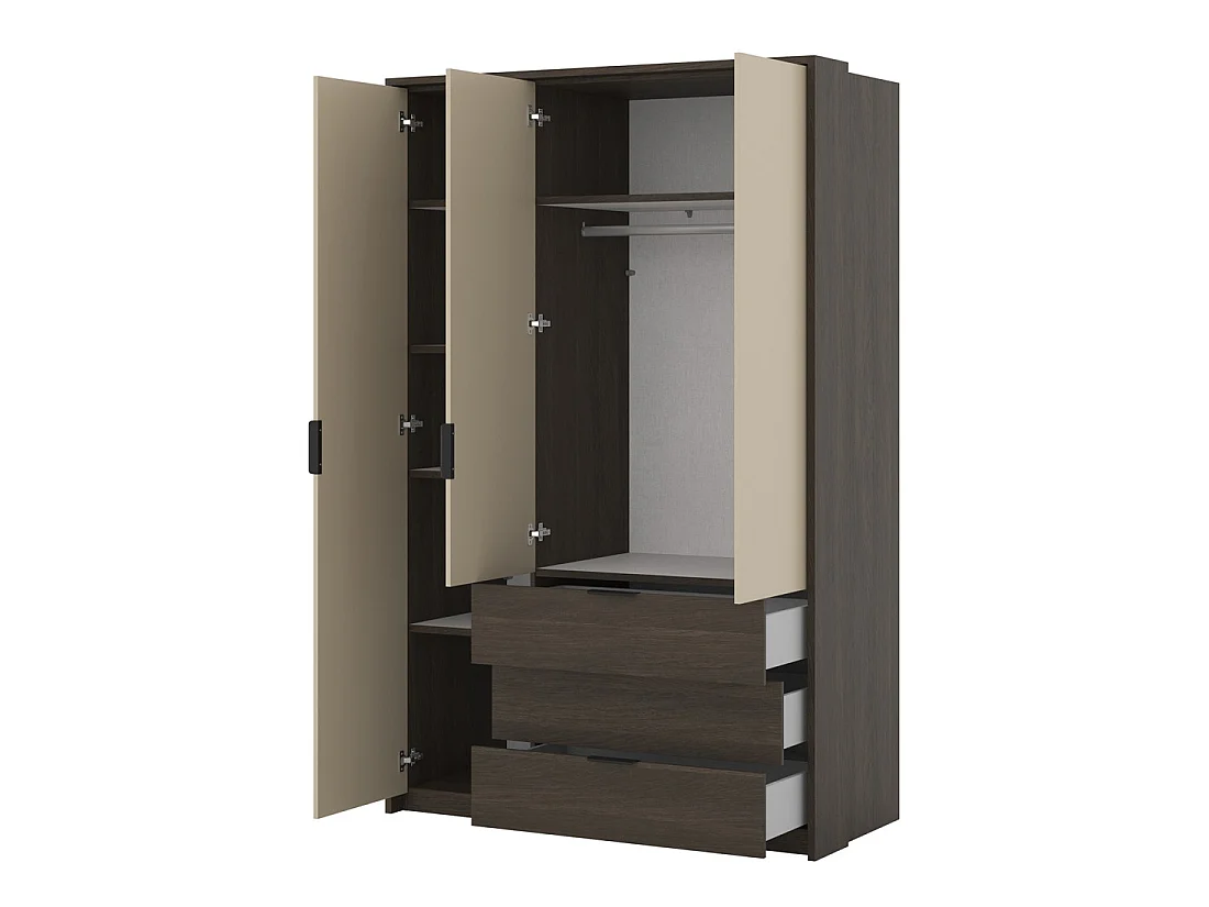 Kledingkast VALDORA met 3 deuren, LED-verlichting en 3 laden in donker eiken en beige, 139 cm