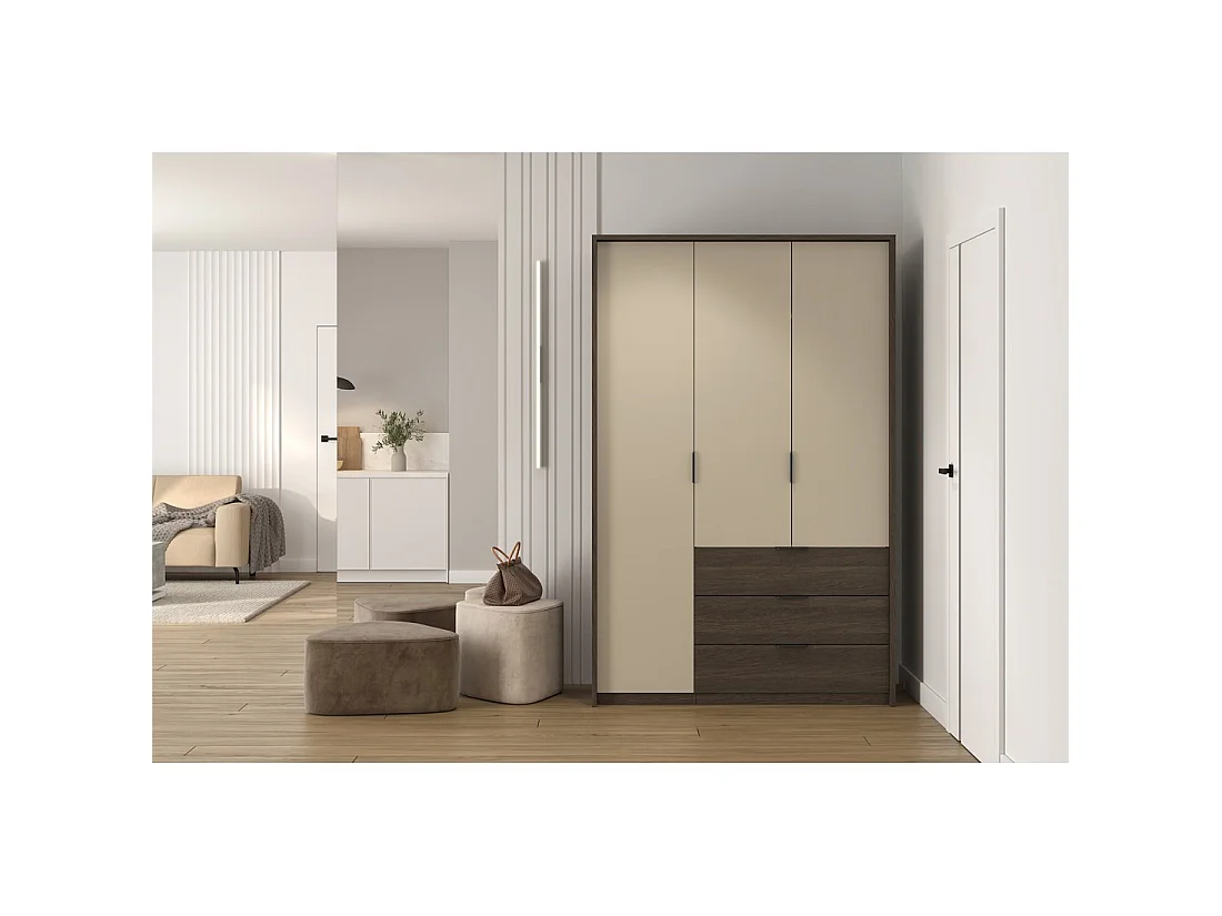 Kledingkast VALDORA met 3 deuren, LED-verlichting en 3 laden in donker eiken en beige, 139 cm