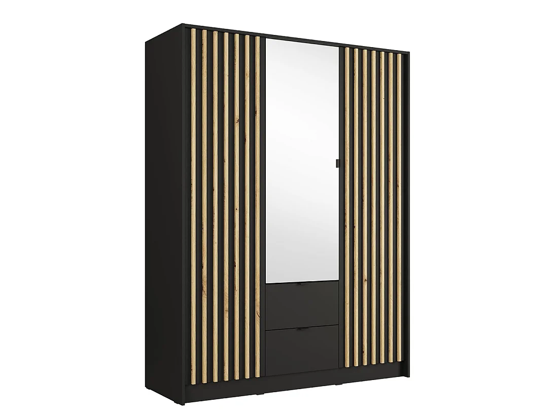 Armario TORVIK 3 puertas con espejo, cajones y listones negro y roble 150 cm