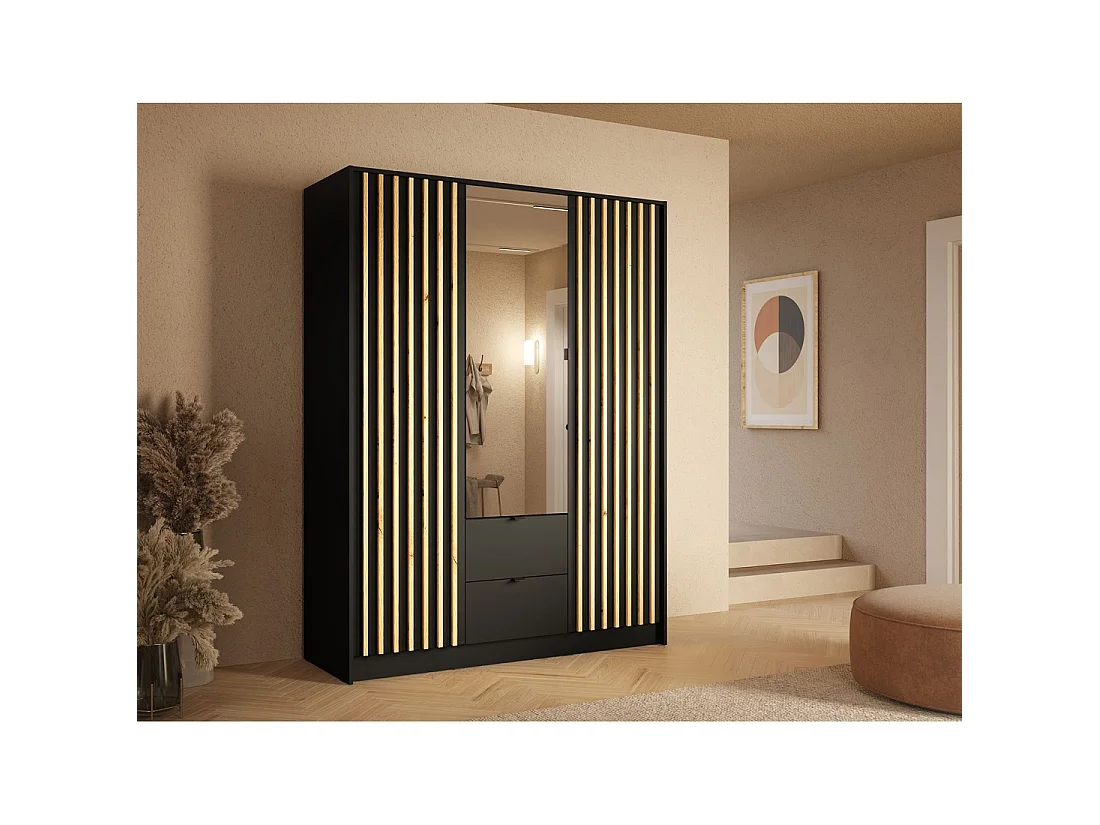 Armario TORVIK 3 puertas con espejo, cajones y listones negro y roble 150 cm