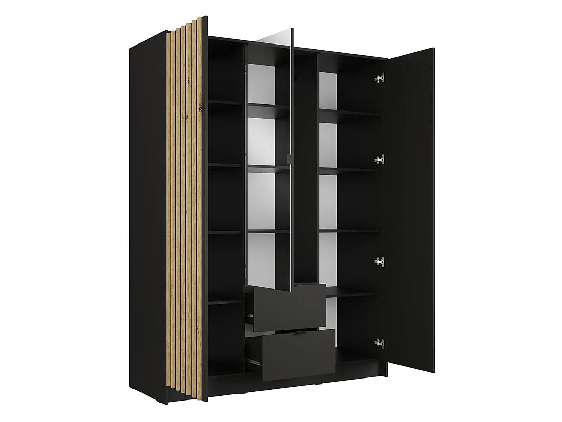 Armario TORVIK 3 puertas con espejo, cajones y listones negro y roble 150 cm