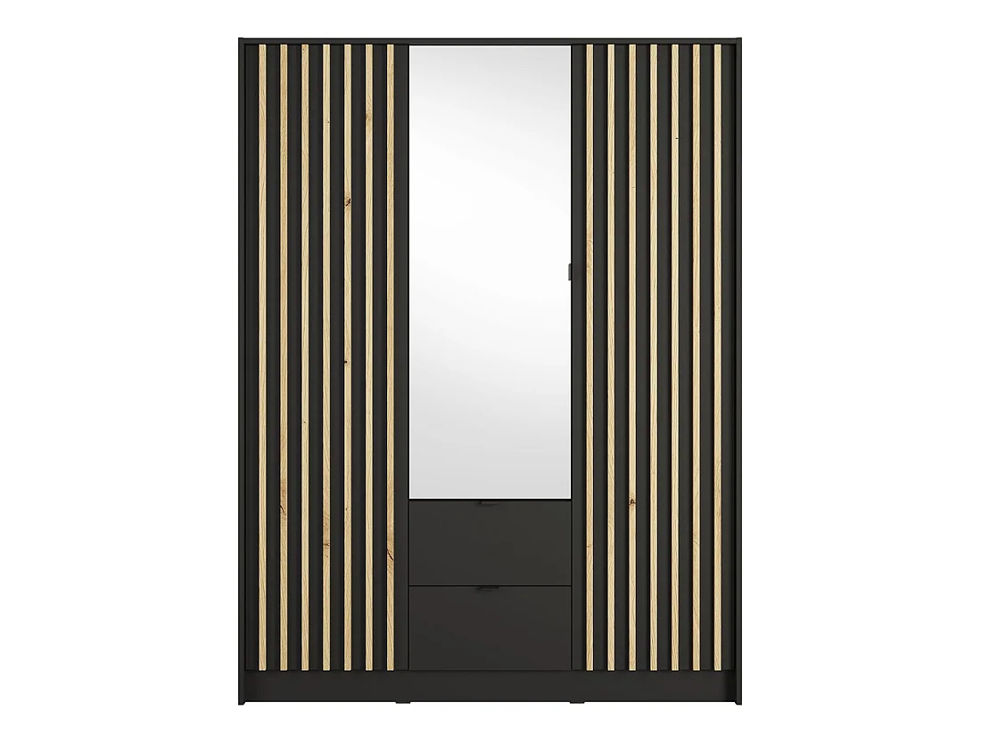 Armario TORVIK 3 puertas con espejo, cajones y listones negro y roble 150 cm