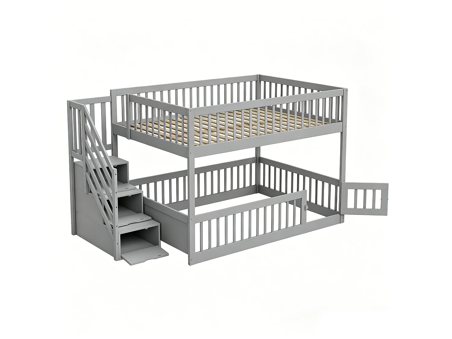 Lit superposé 140x200 cm avec rangement - Lit en bois gris pour enfant et adolescent