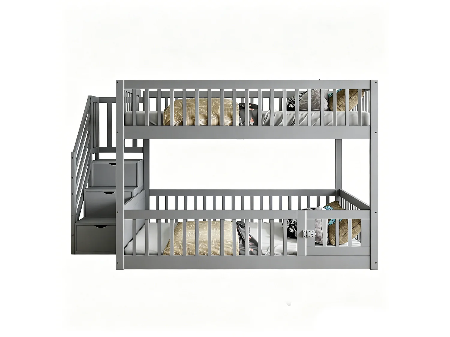 Lit superposé 140x200 cm avec rangement - Lit en bois gris pour enfant et adolescent