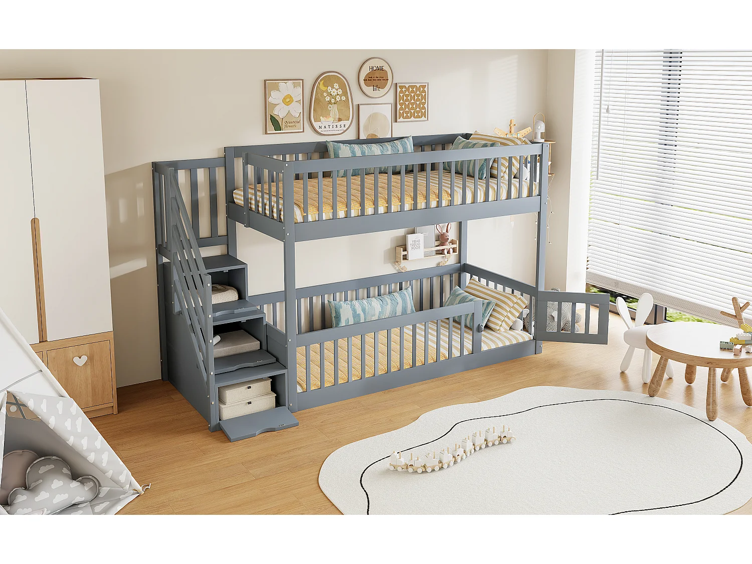 Lit superposé enfant 90x200 cm avec rangement - Bois en MDF gris