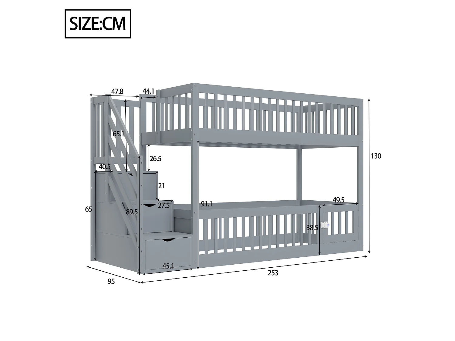 Lit superposé enfant 90x200 cm avec rangement - Bois en MDF gris