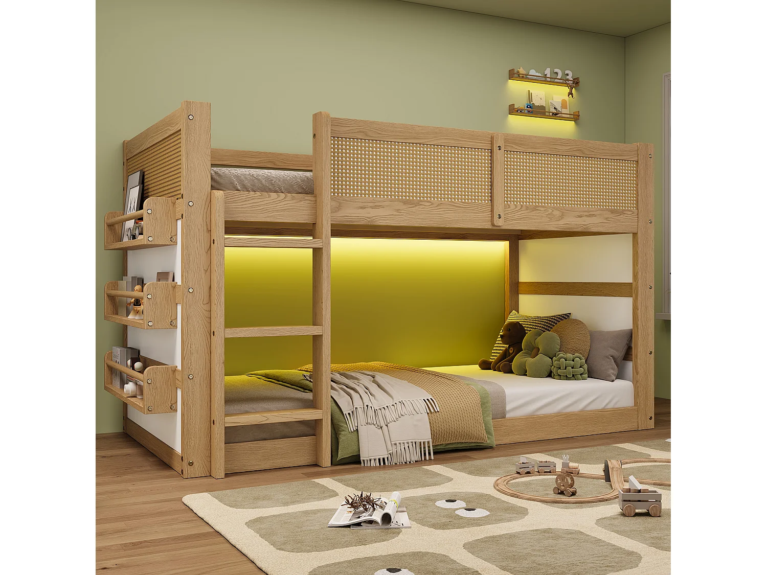 Lit mezzanine enfant 90x200 cm - avec lumières LED - avec espace de rangement - décorations en rotin - Bois massif + MDF - Naturel (sans matelas)