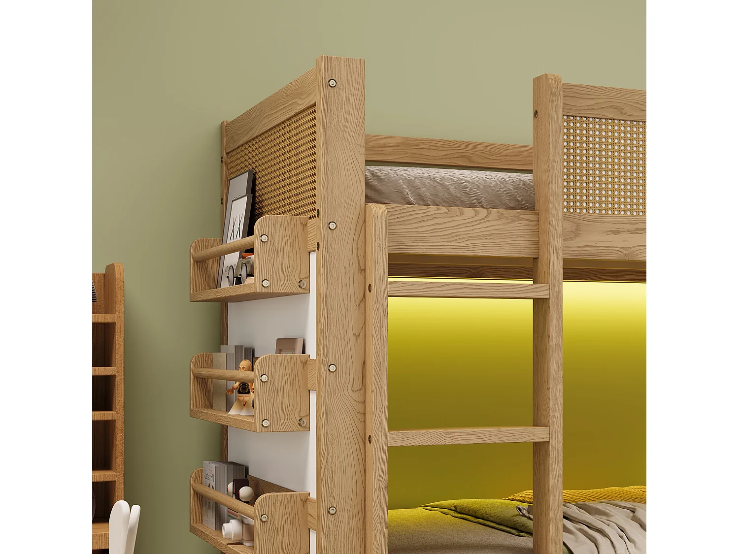 Lit mezzanine enfant 90x200 cm - avec lumières LED - avec espace de rangement - décorations en rotin - Bois massif + MDF - Naturel (sans matelas)