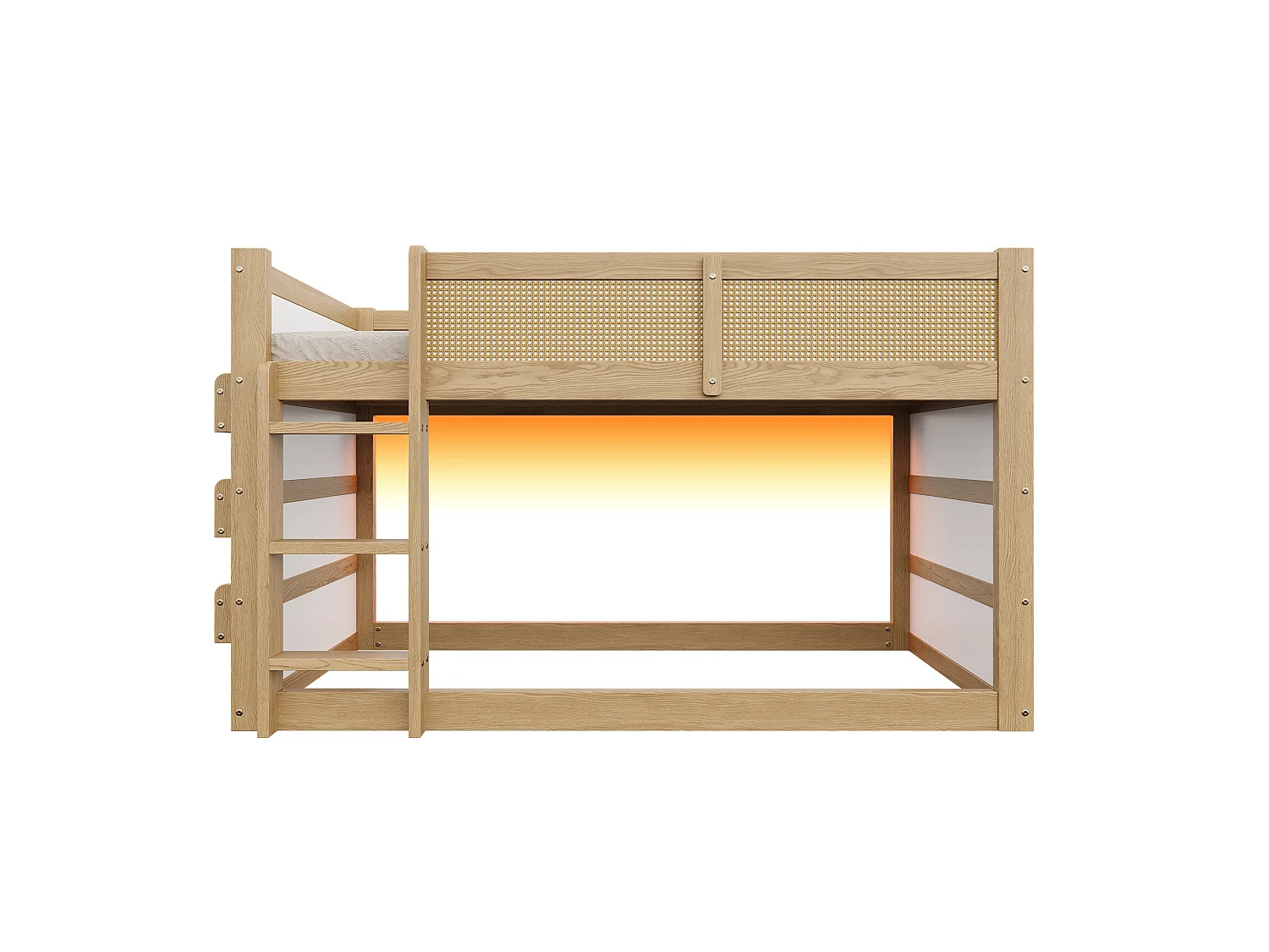 Lit mezzanine enfant 90x200 cm - avec lumières LED - avec espace de rangement - décorations en rotin - Bois massif + MDF - Naturel (sans matelas)
