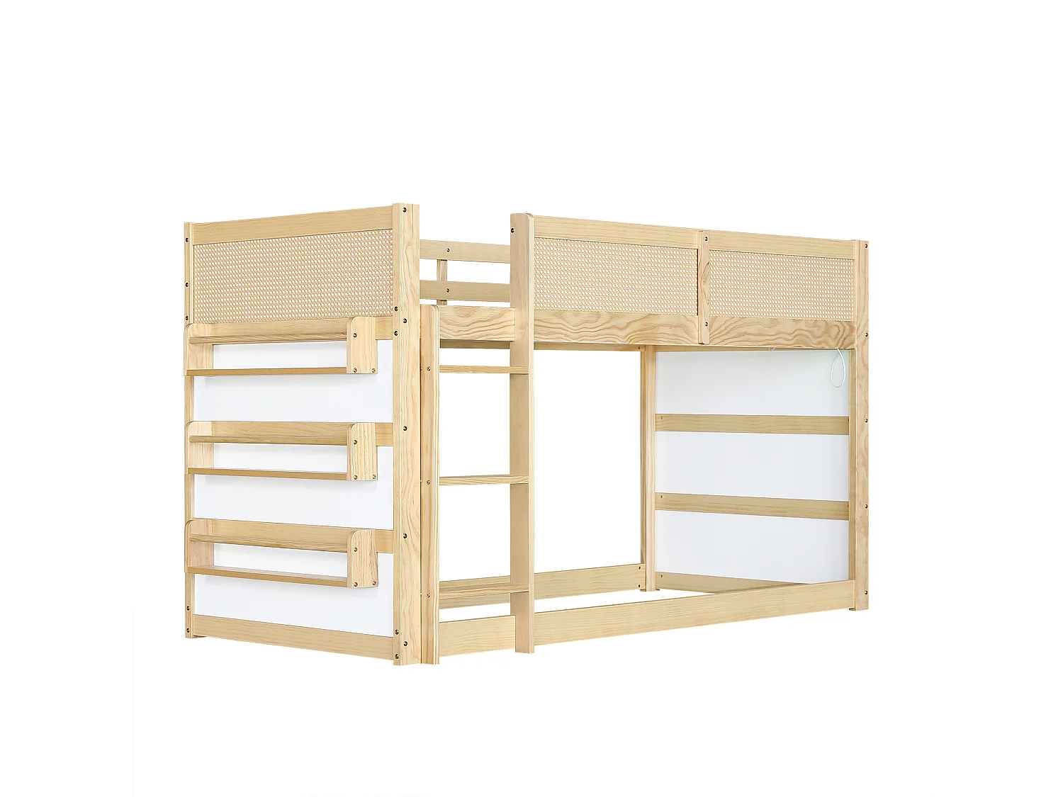 Lit mezzanine enfant 90x200 cm - avec lumières LED - avec espace de rangement - décorations en rotin - Bois massif + MDF - Naturel (sans matelas)