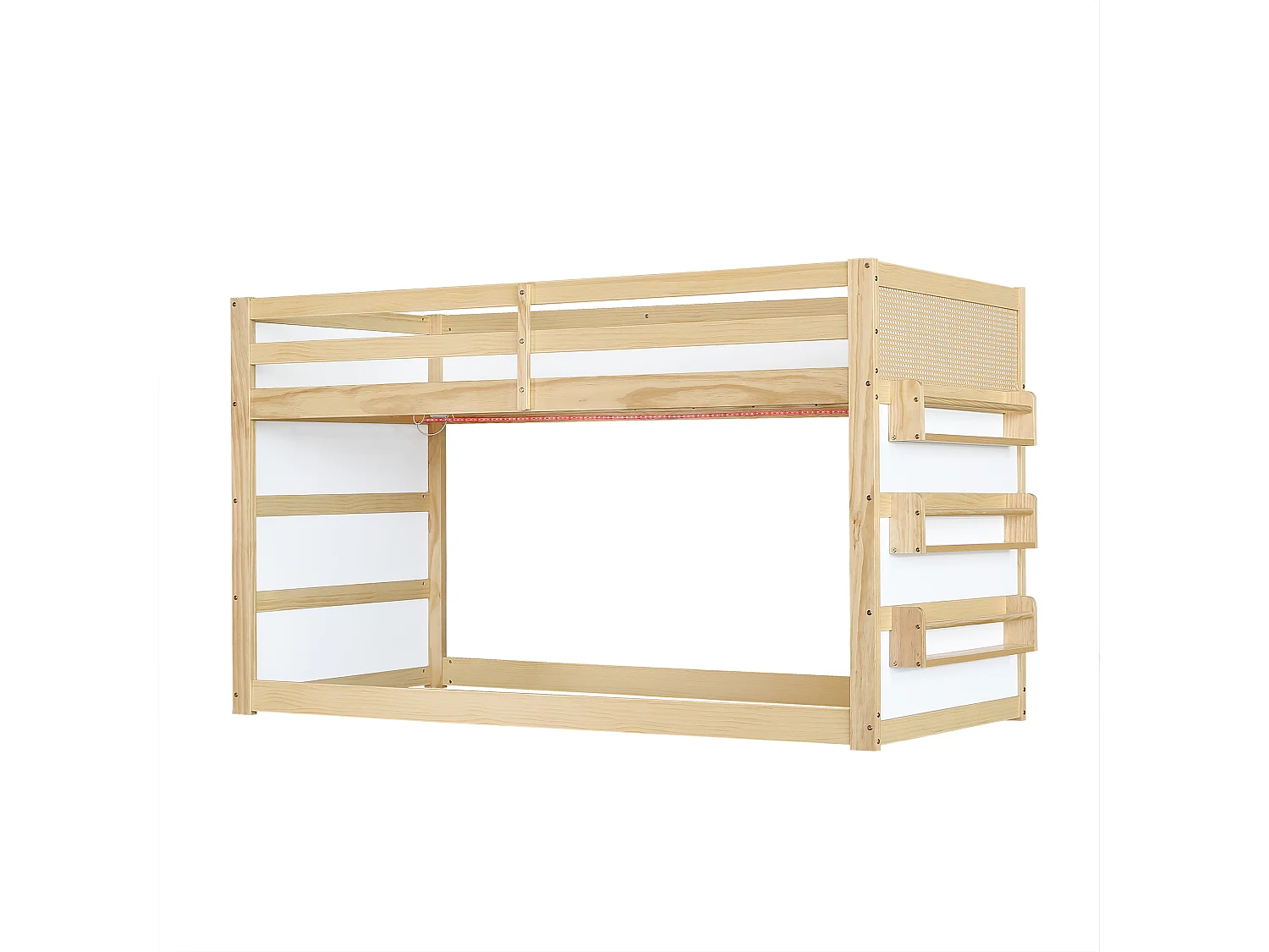 Lit mezzanine enfant 90x200 cm - avec lumières LED - avec espace de rangement - décorations en rotin - Bois massif + MDF - Naturel (sans matelas)