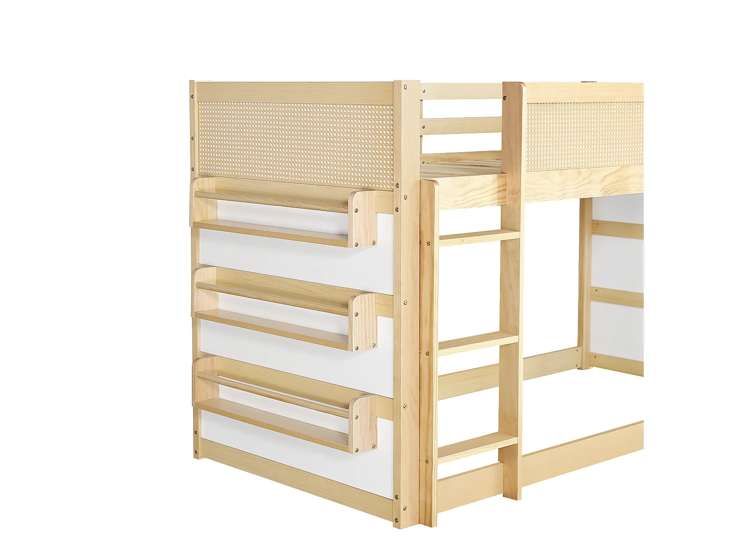Lit mezzanine enfant 90x200 cm - avec lumières LED - avec espace de rangement - décorations en rotin - Bois massif + MDF - Naturel (sans matelas)