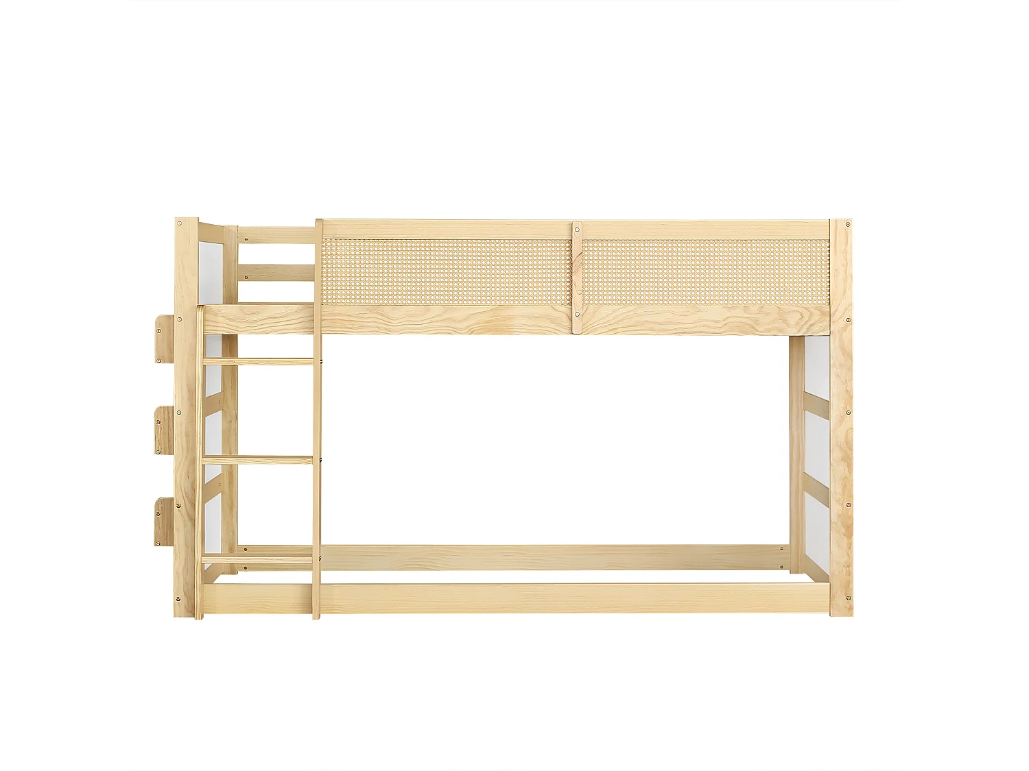 Łóżko piętrowe dla dzieci 90x200 cm - z lampkami LED - z miejscem do przechowywania - dekoracje z rattanu - drewno lite + MDF - naturalny (bez materaca)