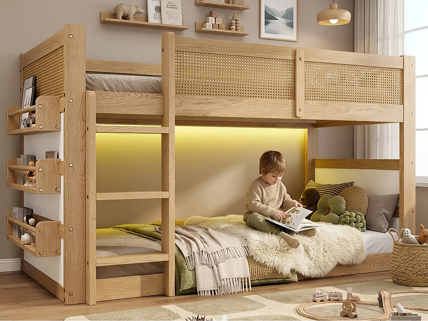 Lit mezzanine enfant 90x200 cm - avec lumières LED - avec espace de rangement - décorations en rotin - Bois massif + MDF - Naturel (sans matelas)