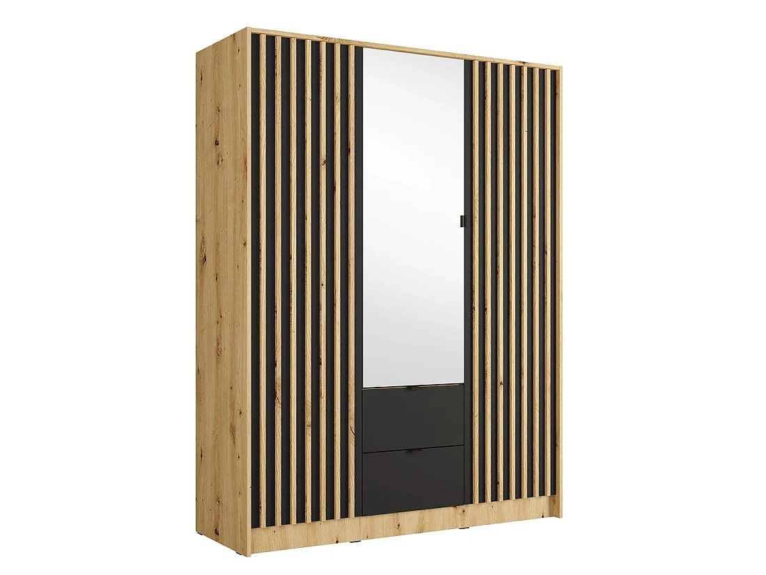 Schrank TORVIK mit 3 Türen, Spiegel, Schubladen und Leisten in Schwarz und Eiche 150 cm