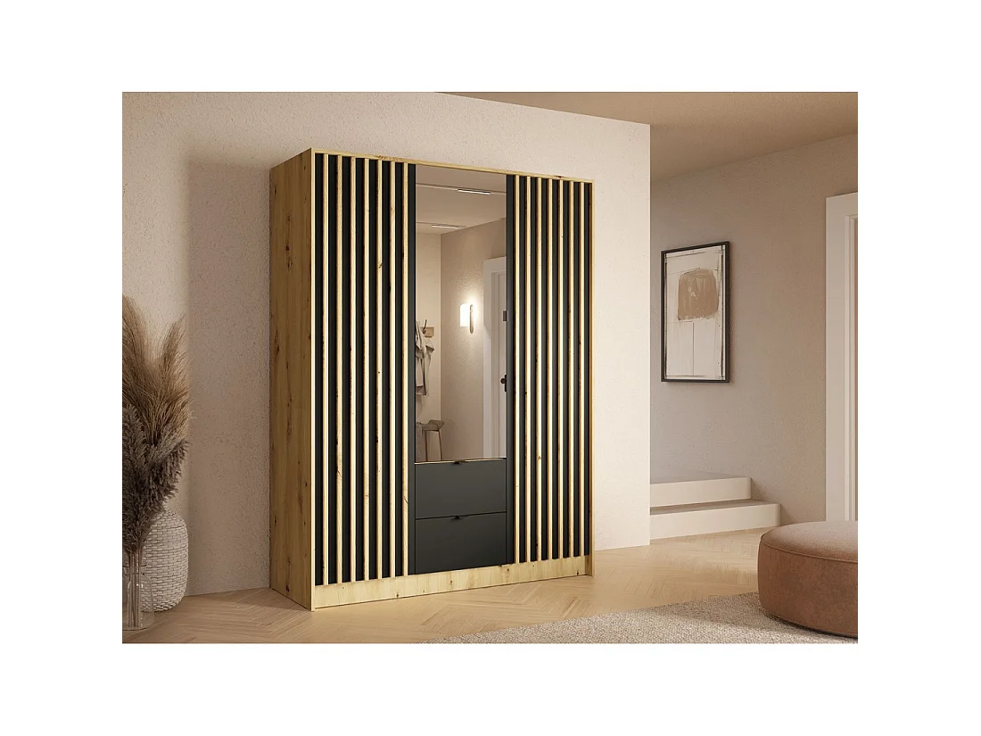 Schrank TORVIK mit 3 Türen, Spiegel, Schubladen und Leisten in Schwarz und Eiche 150 cm