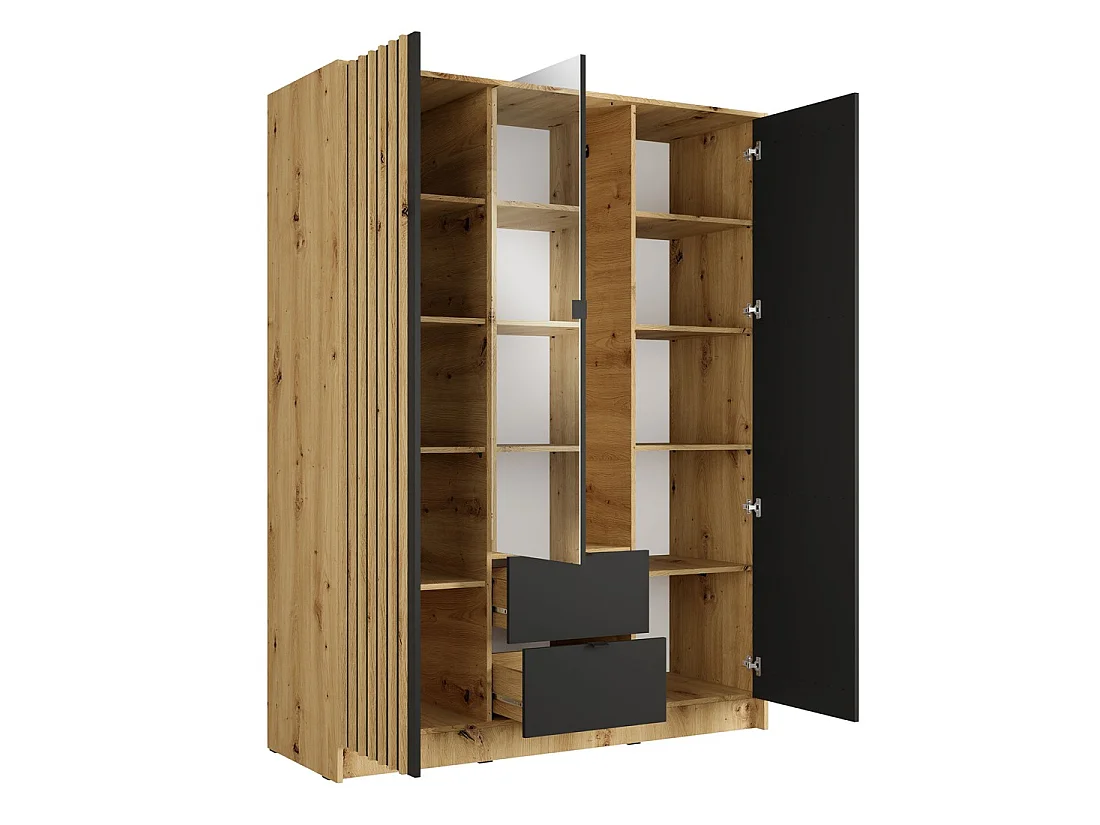 Schrank TORVIK mit 3 Türen, Spiegel, Schubladen und Leisten in Schwarz und Eiche 150 cm