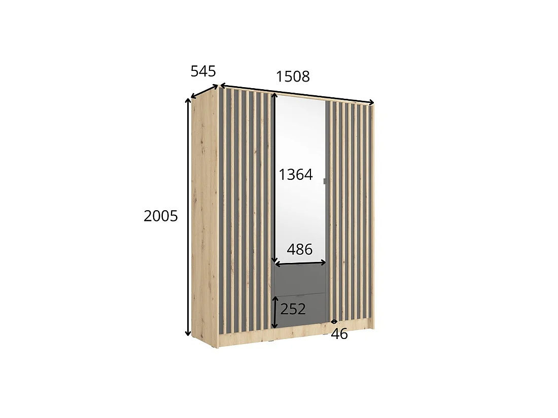 Schrank TORVIK mit 3 Türen, Spiegel, Schubladen und Leisten in Schwarz und Eiche 150 cm