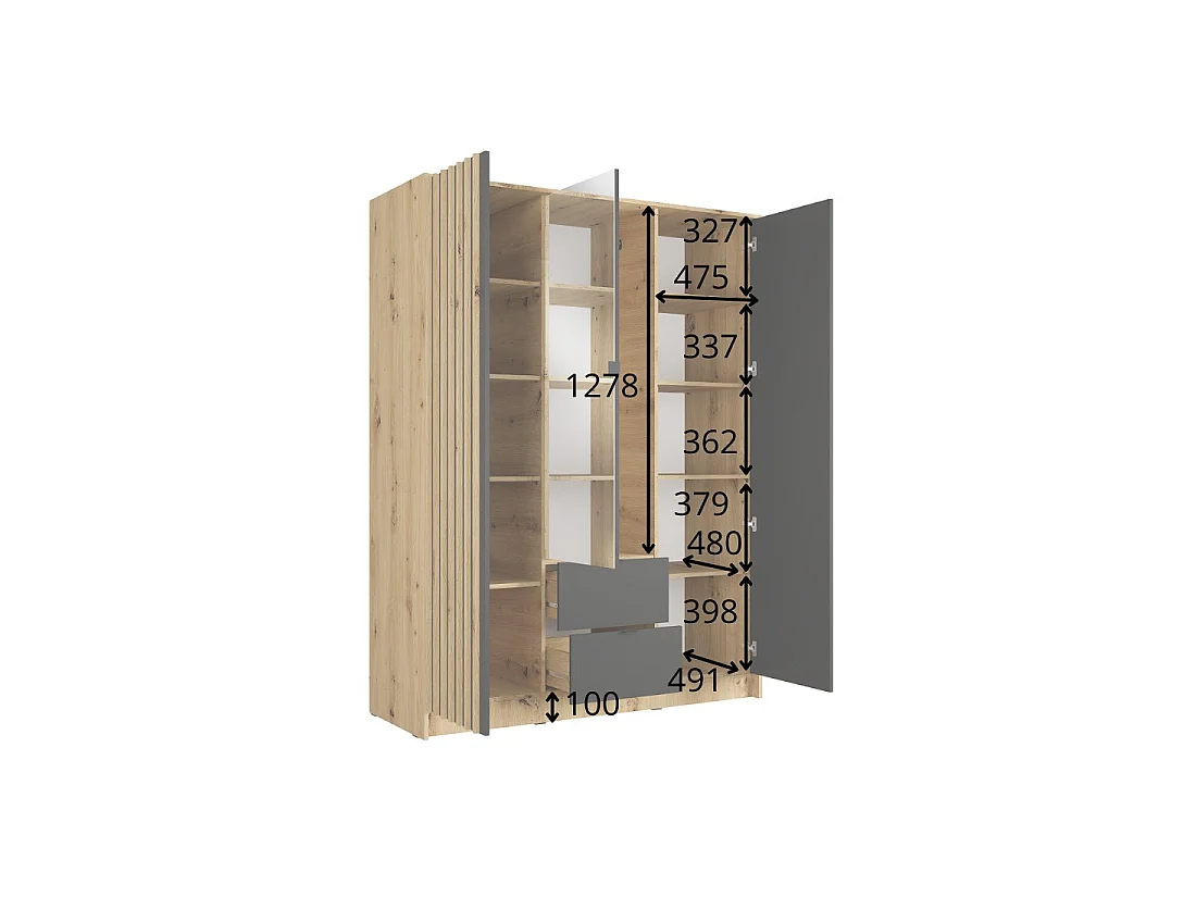 Schrank TORVIK mit 3 Türen, Spiegel, Schubladen und Leisten in Schwarz und Eiche 150 cm