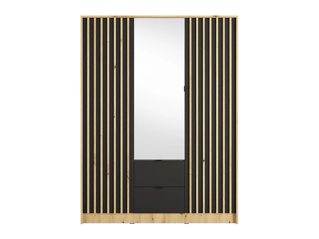 Schrank TORVIK mit 3 Türen, Spiegel, Schubladen und Leisten in Schwarz und Eiche 150 cm