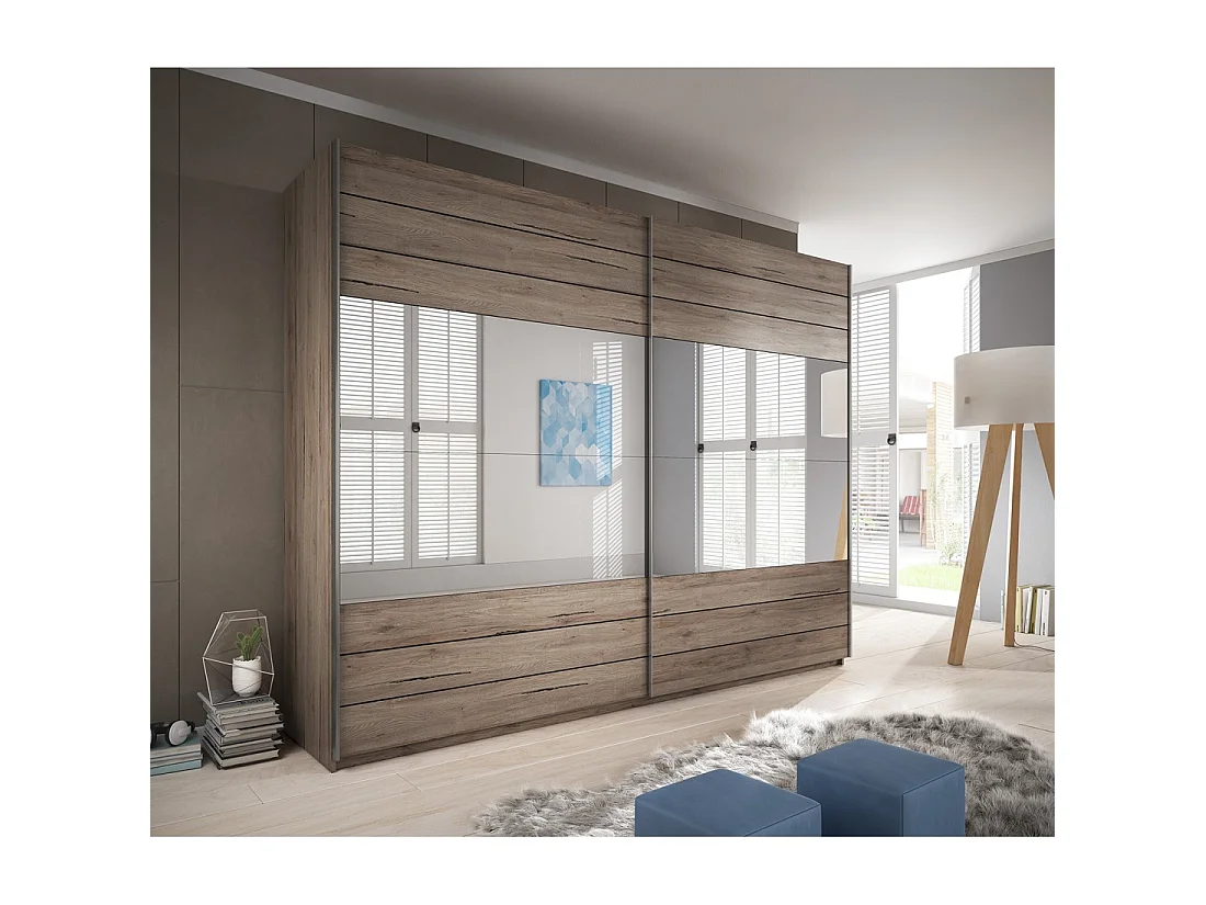 Armario FLOYD 270 cm - 2 puertas correderas con espejos color madera natural